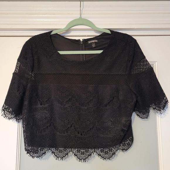 Express short sleeve black lace crop blouse, size L - Picture 1 of 5